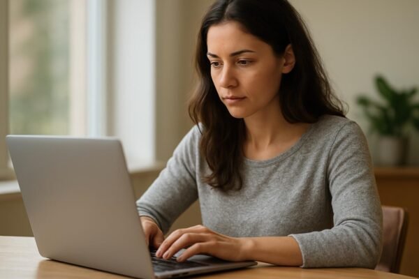 Nő, aki laptopon dolgozik, a prompt engineering során