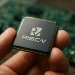 RISC-V processzor kézben, háttérben nyomtatott áramkör