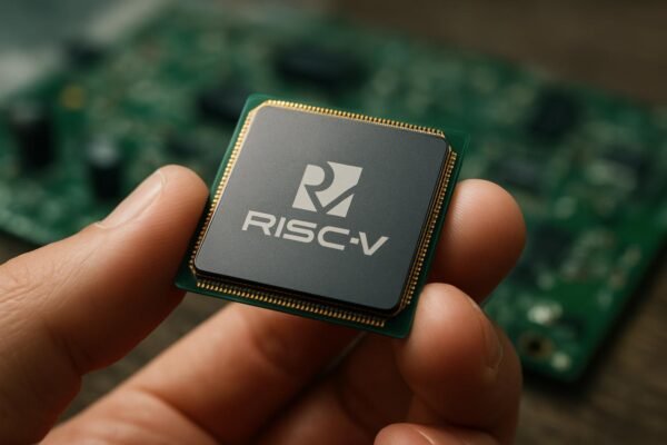 RISC-V processzor kézben, háttérben nyomtatott áramkör