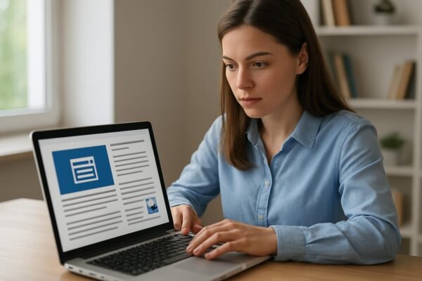 Nő laptop előtt, szemantikus webhelyek fejlesztése közben.