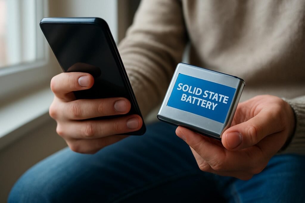 Férfi szilárdtest-akkumulátort tart a kezében, miközben okostelefont használ.