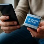 Férfi szilárdtest-akkumulátort tart a kezében, miközben okostelefont használ.