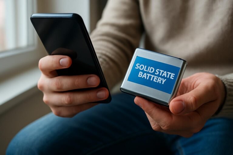 Férfi szilárdtest-akkumulátort tart a kezében, miközben okostelefont használ.