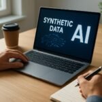 Kéz a laptopon, amint a szintetikus adatok és AI szerepét tanulmányozzák.