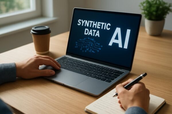 Kéz a laptopon, amint a szintetikus adatok és AI szerepét tanulmányozzák.