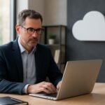 Férfi laptopot használ egy modern irodában adatfelhő elvvel.