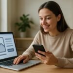 Nő, aki laptopon dolgozik és okostelefont használ, UI/UX designnal foglalkozik.