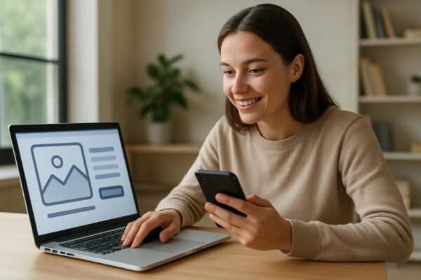 Nő, aki laptopon dolgozik és okostelefont használ, UI/UX designnal foglalkozik.