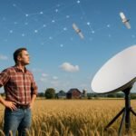 Férfi néz az űrbeli internet mögött álló műholdakra