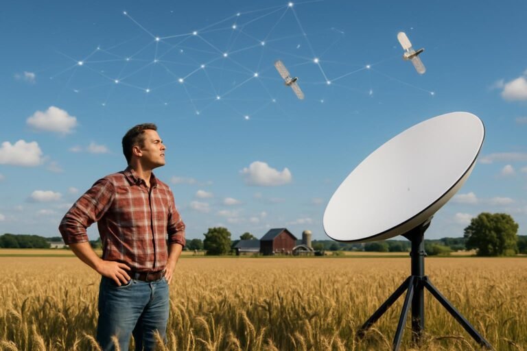 Férfi néz az űrbeli internet mögött álló műholdakra