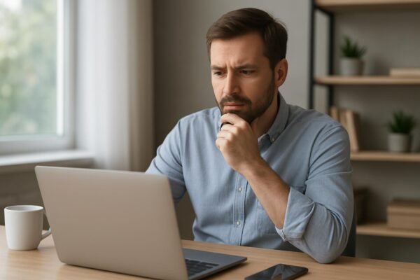 Férfi, aki a laptopján dolgozik, a Web3 és decentralizált internet témájában gondolkozik.