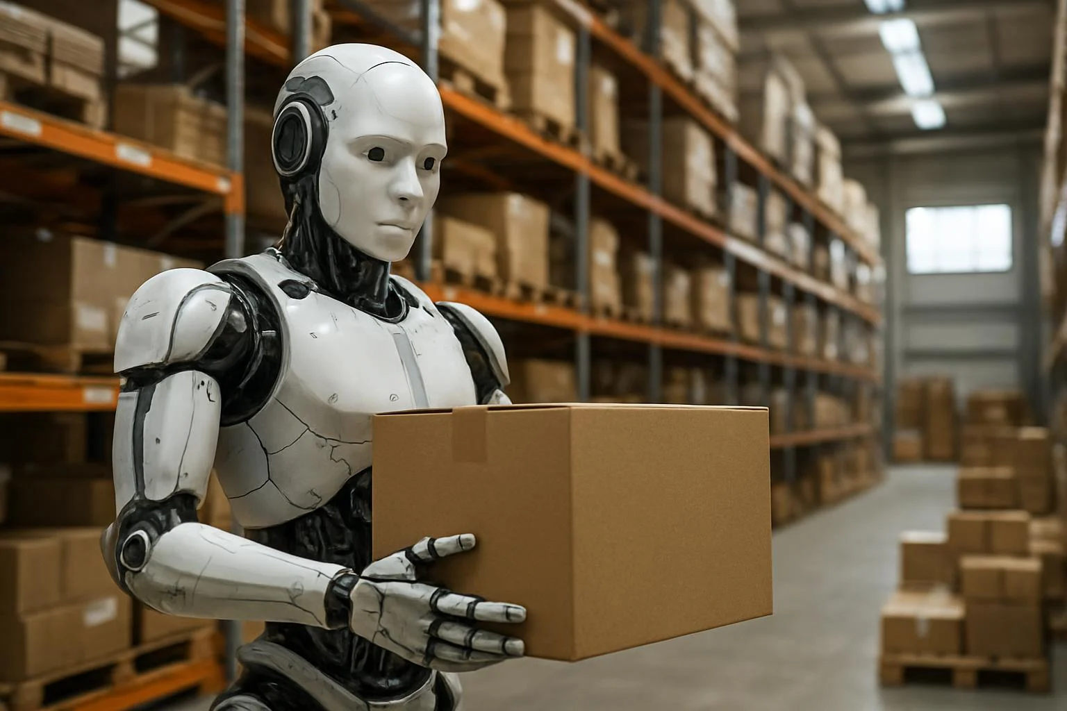 Humanoid robot holding a box in a logistics warehouse.