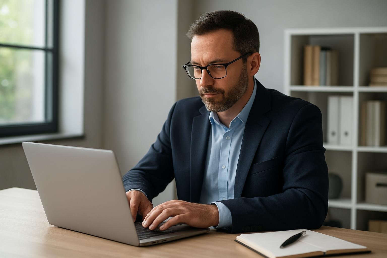 Férfi üzletember számítógépet használ az IT-biztonsági megfelelőség előkészítése során.