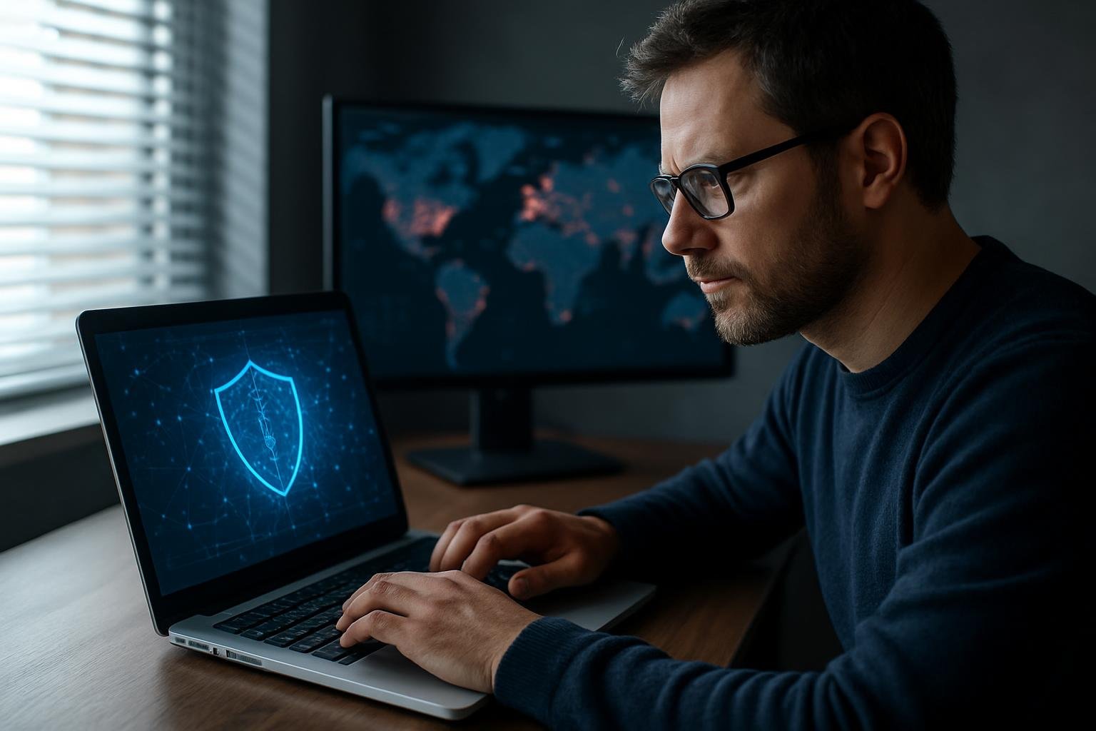 Kiberbiztonsági szakértő munka közben, hibrid hadviselés megjelenítése.