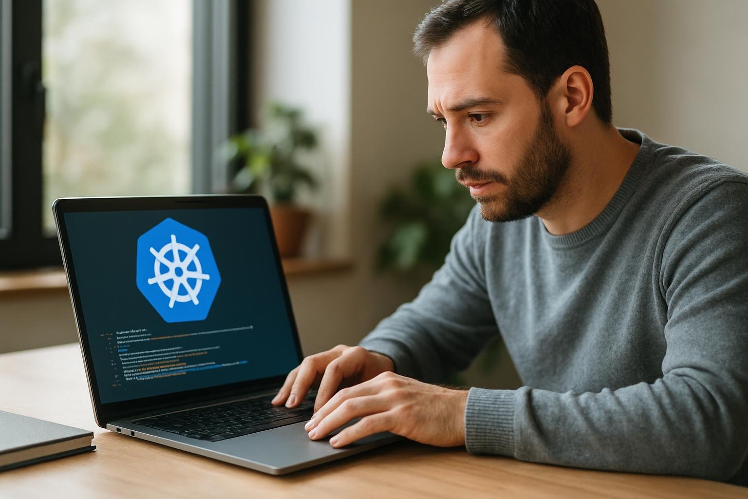 Programozó dolgozik a Kubernetes rendszeren laptopon