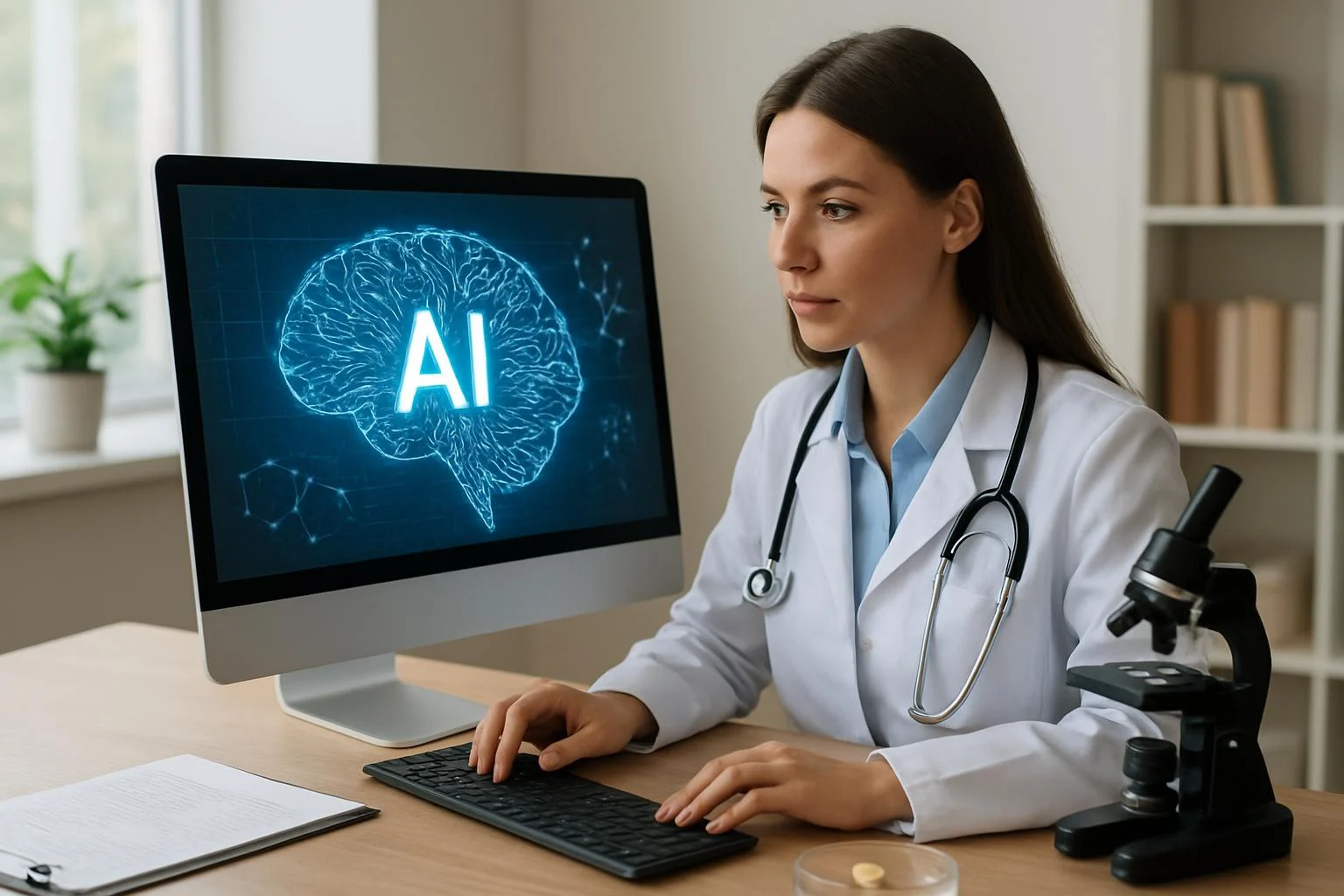 Orvos mesterséges intelligenciát használ a diagnosztikához és gyógyszerkutatáshoz.