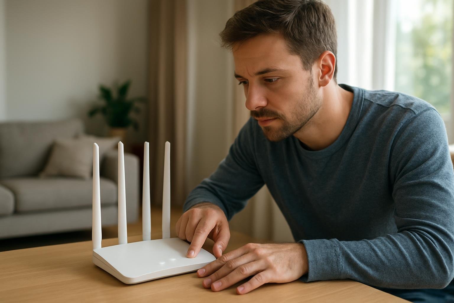 Férfi a routerével, mesterséges intelligencia használatával.