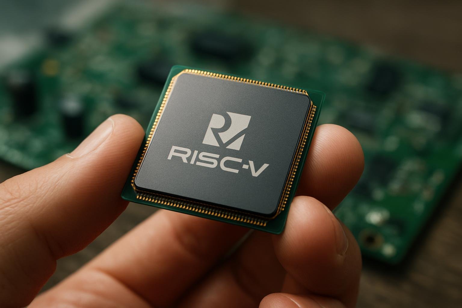 RISC-V processzor kézben, háttérben nyomtatott áramkör