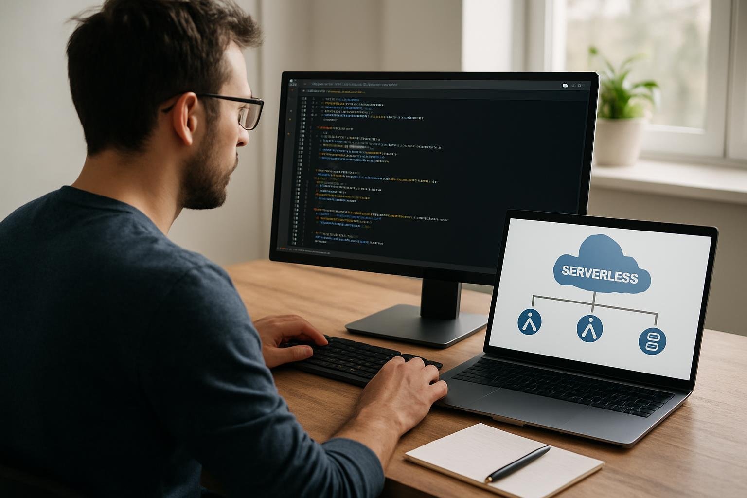 Programozó dolgozik a serverless architektúrák diagramján.
