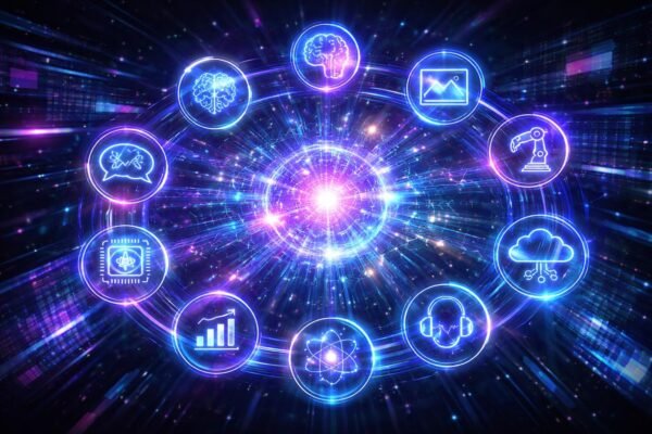 A 2026 legjobb mesterséges intelligencia eszközeinek vizuális áttekintése grafikákkal, ikonokkal és felhasználói interfészekkel