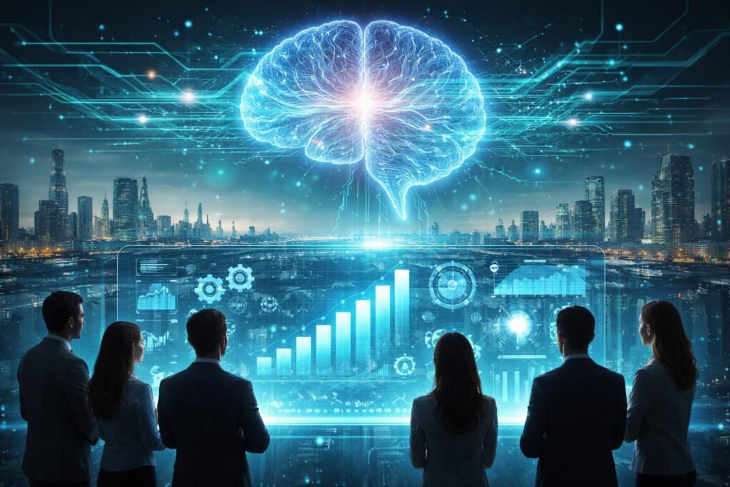 Vállalati szakemberek MI-alapú rendszereket használva valós idejű trendeket és döntéseket elemeznek.