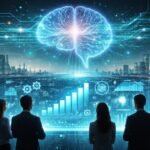 Vállalati szakemberek MI-alapú rendszereket használva valós idejű trendeket és döntéseket elemeznek.