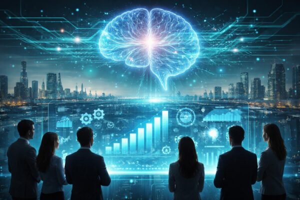 Vállalati szakemberek MI-alapú rendszereket használva valós idejű trendeket és döntéseket elemeznek.