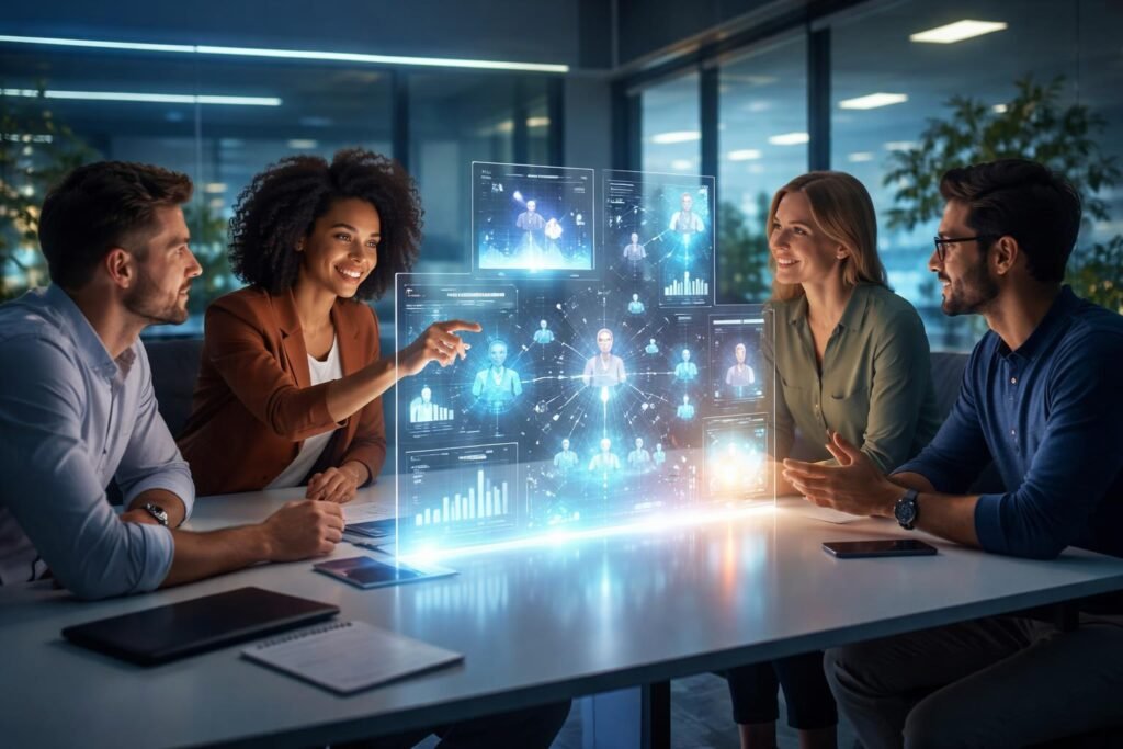 HR területen dolgozó szakemberek, számítógépes grafika és adatvezérelt döntéshozatal az AI-algoritmusok mellé kísérve.