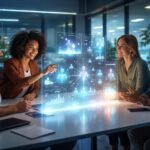 HR területen dolgozó szakemberek, számítógépes grafika és adatvezérelt döntéshozatal az AI-algoritmusok mellé kísérve.