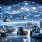 Képen egy raktár látható, ahol AI-vezérelt rendszerek optimalizálják az útvonalakat és a készletet.
