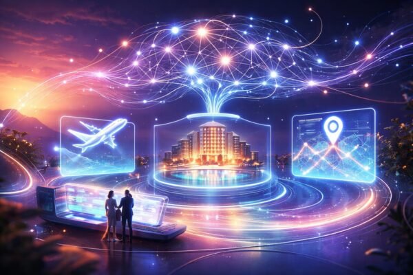 Kutatóasztal mellett, számítógéppel és grafikonokkal dolgozó szakértő, a mesterséges intelligencia szerepét vizsgálva a turizmusban.