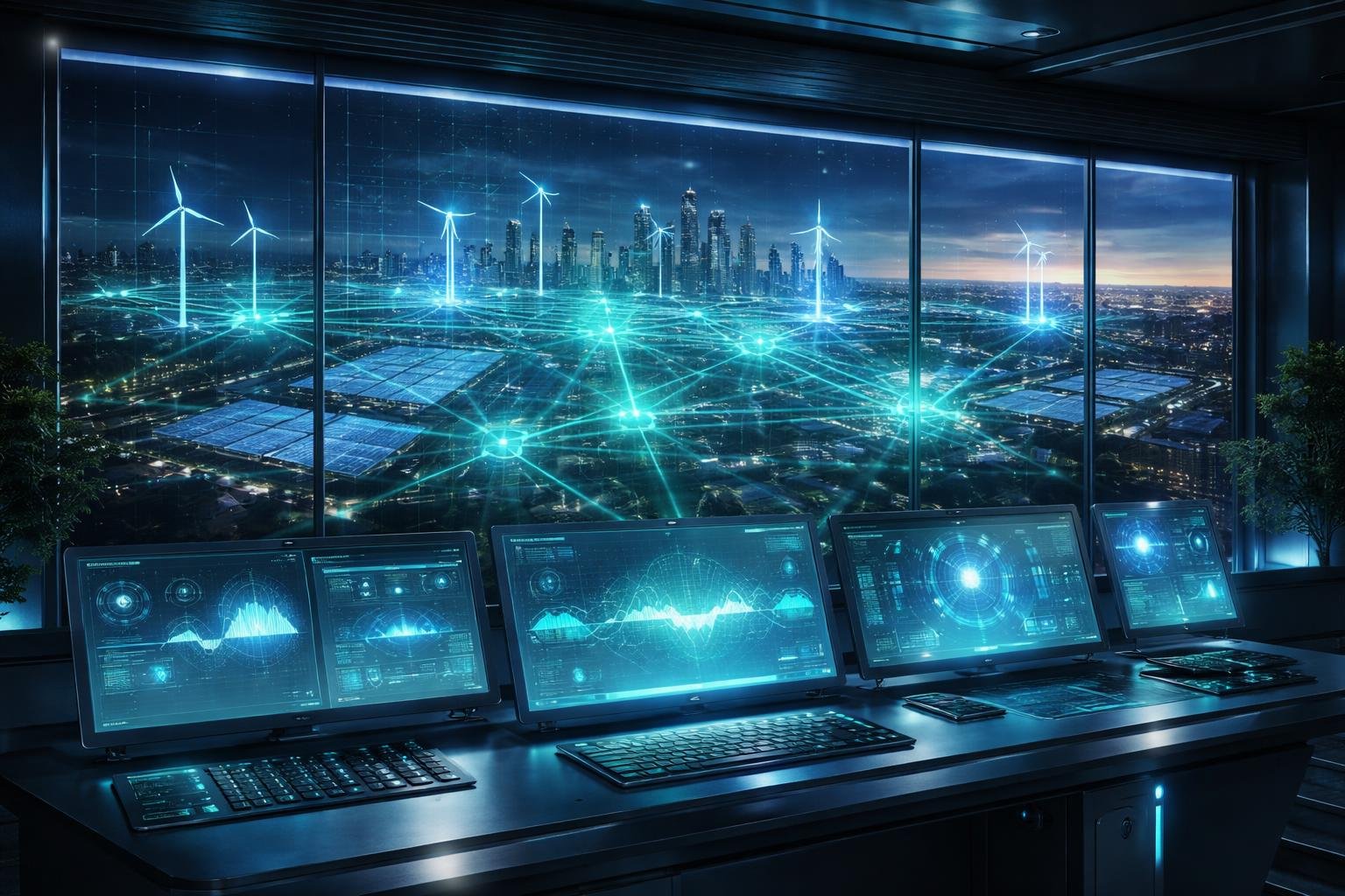 Mesterséges intelligencia által támogatott energia-rendszer szemléltetése, elosztott hálózat, megújuló energiák és adatelemzés.