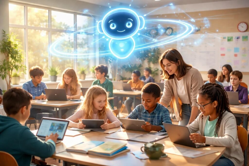 Tanár és diákok korszerű MI-támogatású eszközökkel vesznek részt egy interaktív tanórán