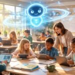 Tanár és diákok korszerű MI-támogatású eszközökkel vesznek részt egy interaktív tanórán