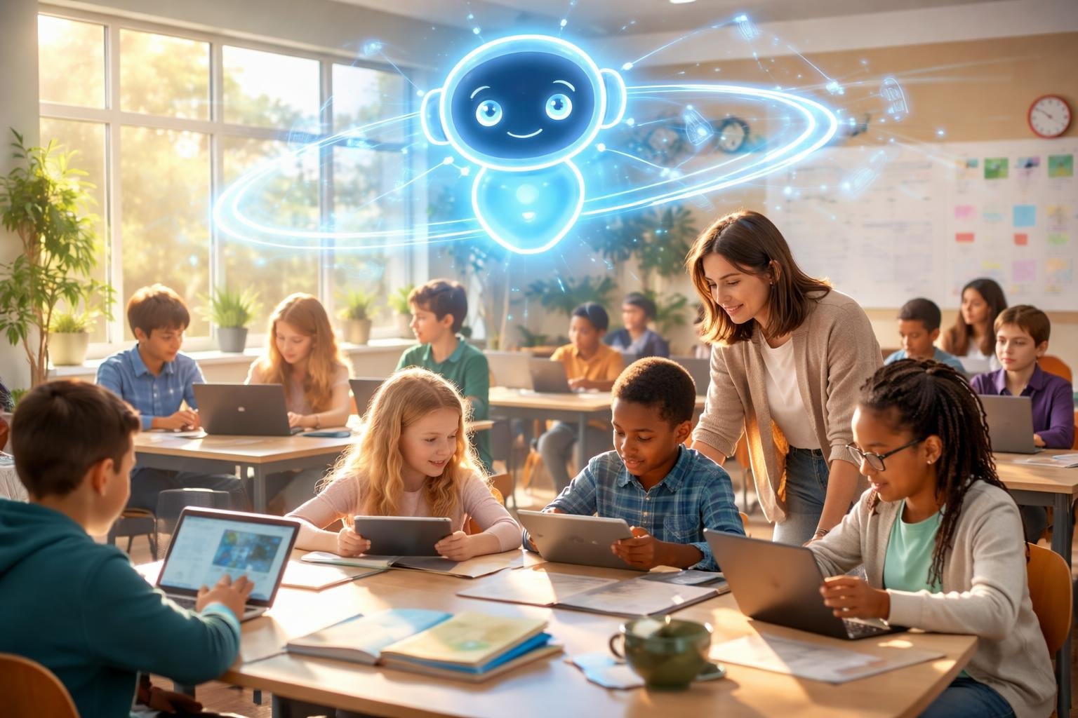 Tanár és diákok korszerű MI-támogatású eszközökkel vesznek részt egy interaktív tanórán