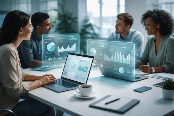 Felnagyított munkahelyi jelenet AI eszközökkel: dokumentumírás, adatelemzés, ügyfélszolgálat és kreatív feladatok.