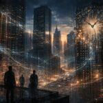 Ember és számítógép keze összekapcsolva, mögött digitális háló és figyelmeztetések