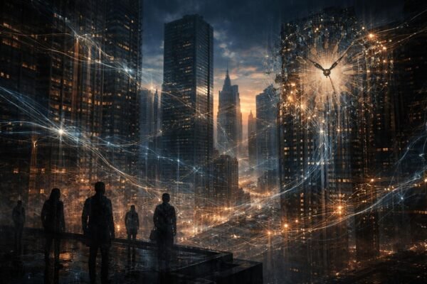 Ember és számítógép keze összekapcsolva, mögött digitális háló és figyelmeztetések