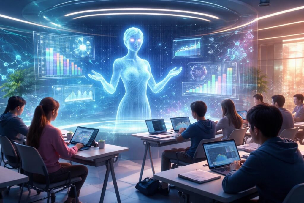 Diákok és tanárok MI-alapú eszközöket használva dolgoznak a személyre szabott tanulási környezetben.