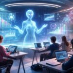 Diákok és tanárok MI-alapú eszközöket használva dolgoznak a személyre szabott tanulási környezetben.