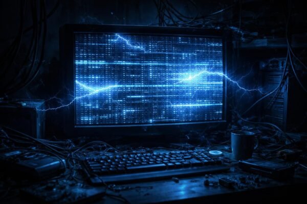 Kék képernyő hibát jelező monitor, hibakódokkal, a számítógép váratlanul újraindul.