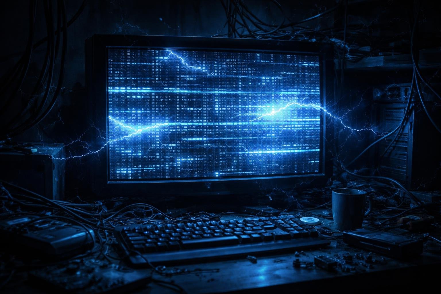 Kék képernyő hibát jelező monitor, hibakódokkal, a számítógép váratlanul újraindul.