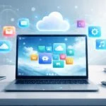 Chrome OS-t futtató laptop felhőalapú alkalmazásokkal, böngészőablakokkal, ikonokkal és hálózati kapcsolatokkal