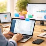 Vállalkozó laptop előtt ülve tervezi az email marketing hatékony kampányát.