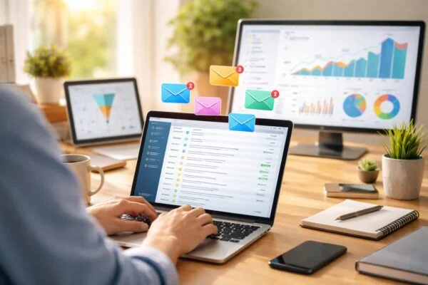 Vállalkozó laptop előtt ülve tervezi az email marketing hatékony kampányát.