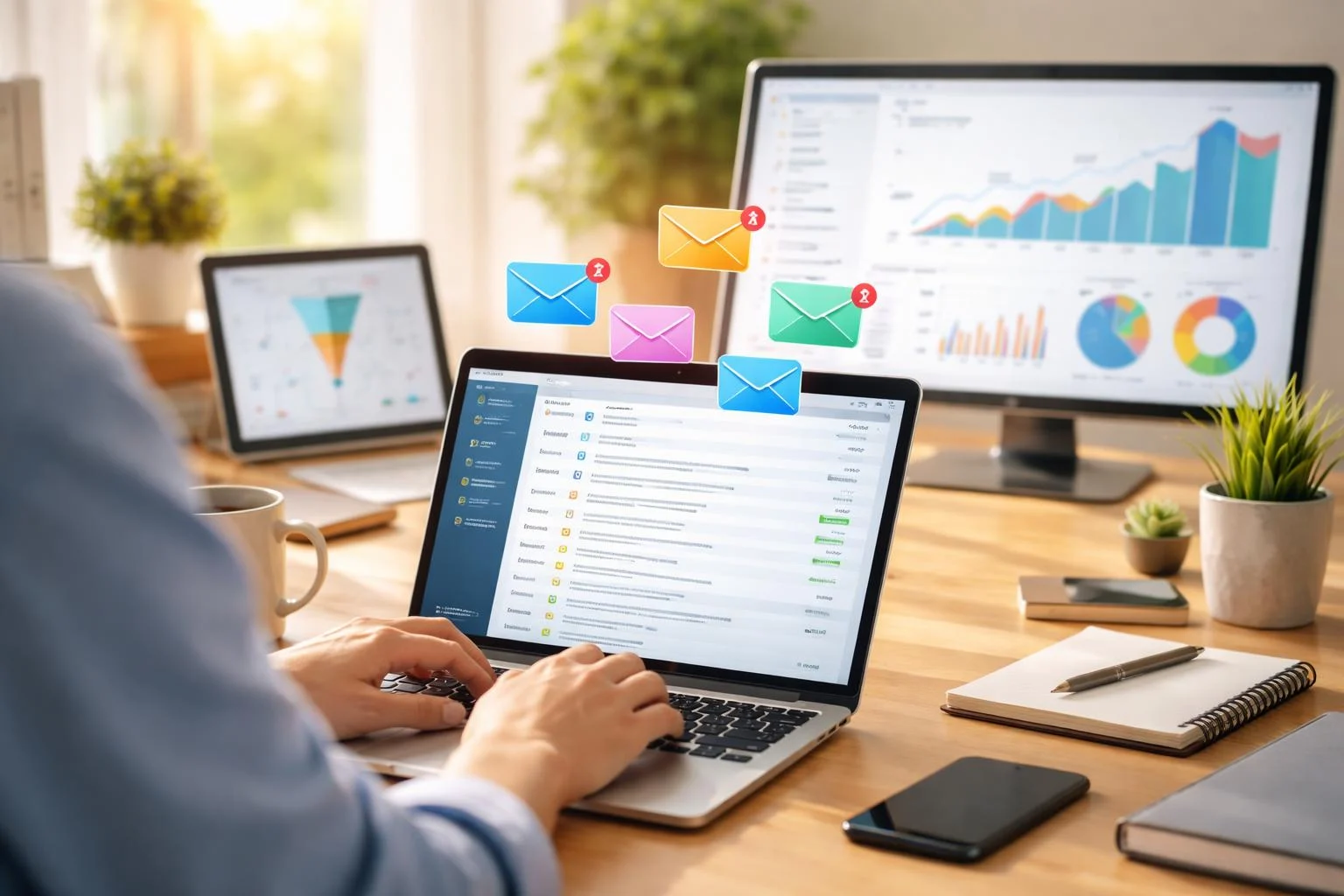 Vállalkozó laptop előtt ülve tervezi az email marketing hatékony kampányát.