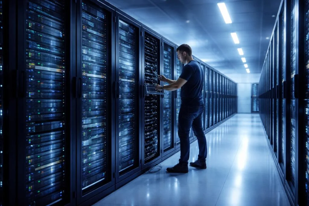 Moderne szerverrendszer karbantartása közben technikus felügyeli a folyamatot monitorokon és valós időben.
