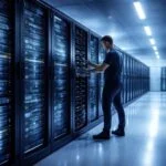 Moderne szerverrendszer karbantartása közben technikus felügyeli a folyamatot monitorokon és valós időben.