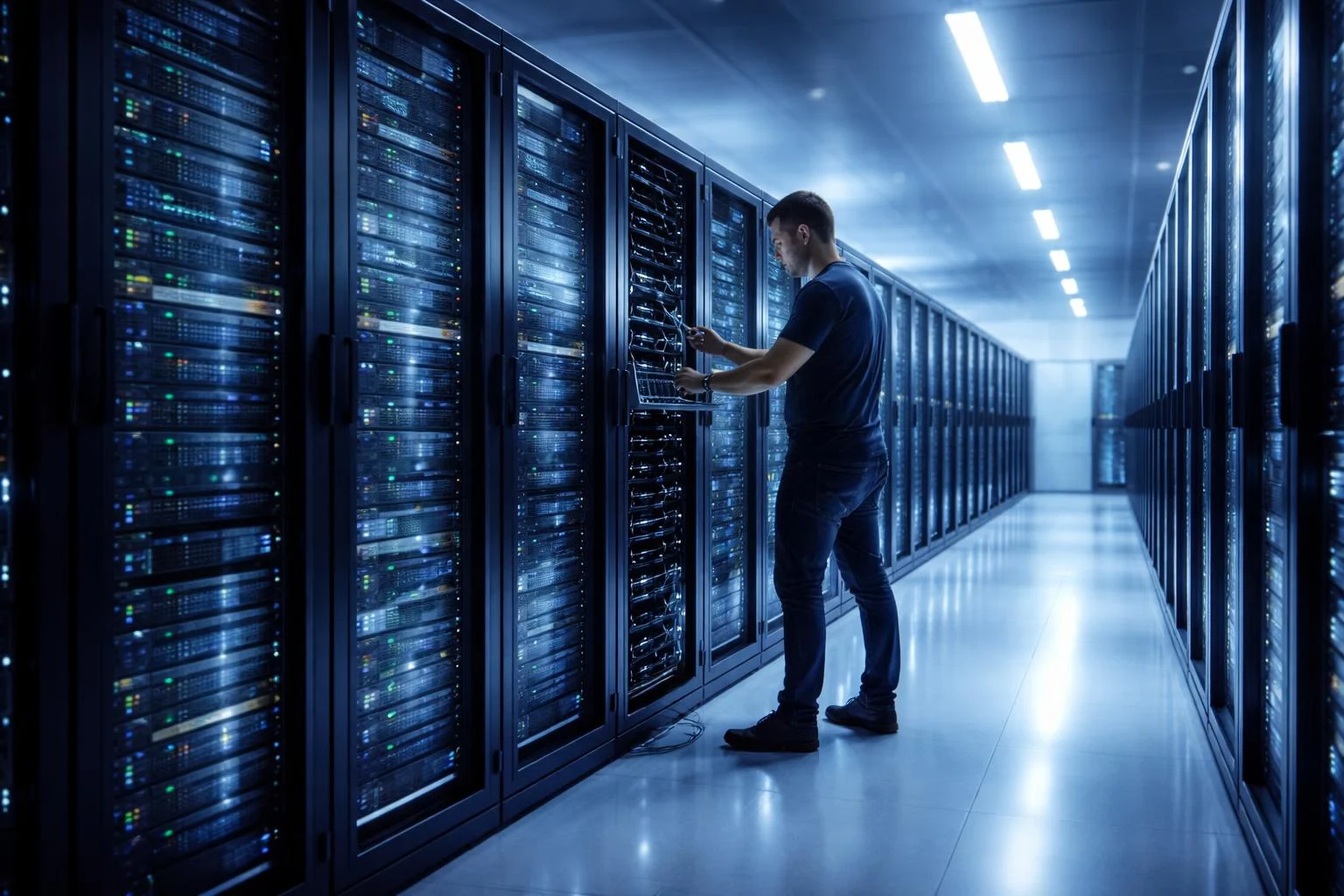 Moderne szerverrendszer karbantartása közben technikus felügyeli a folyamatot monitorokon és valós időben.