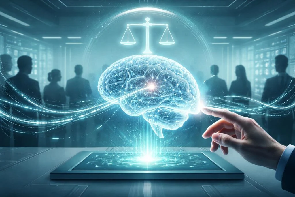 Tanár számítógépes panel előtt beszél együtt etikus mesterséges intelligencia oktatásáról.